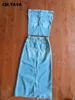 Vestido de dos piezas CM YAYA IN Conjunto de falda larga midi ajustada con abertura alta de mezclilla azul y top corto con hombros descubiertos 2023 2 conjunto de jean 231124