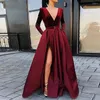 Vestidos de festa de luxo mulheres formal noite 2023 com decote em v sem costas borgonha manga longa vestido de baile vestido de fenda com cinto vestidos de fiesta