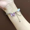 チャームブレスレットU-マジカル韓国の紫色の手作り蝶の非対称ブレスレット女性用甘いハートビーズチェーンメタルジュエリー