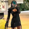 Zweiteiliges Kleid CM.YAYA Frauen Lace Up Flare Langarm Mini Cover Bodycon Midi Tank 223 Abend Sexy Party ES Vestido 23425