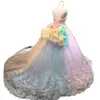 Arco iris colorido vestido de fiesta vestidos de quinceañera con cuentas cuello sin tirantes dulce 16 vestido de tren de barrido flores apliques de tul vestidos de mascarada