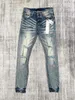 Jeans masculinos marca de moda pintura ponto buracos fino ajuste casual roxo homens