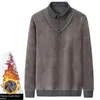 Herrtröjor fleece tröja vinter casual skjorta krage tröja med falska två stycken design företag förtjockade termiska män kläder