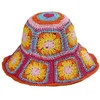 Boinas Crochet Flower Padrão Balde Chapéu Multicolor Dobrável Aba Larga Anti-UV Cap