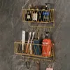 Bathroom Shelves Luxury Gold Bathroom Shelf without Drilling Metal Shower Storage Basket with hook Toothbrush Shampoo Holder Bathroom Accessories 231124