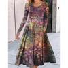 Casual Jurken Mode O-hals Lange Mouw Print Maxi Jurk Vrouwen 2023 Herfst Winter Losse Grote Zoom Elegante Vintage Voor