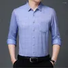 Men's Casual Shirts Mens Fashion Ice Silk Blouse Real Pocket Versatile Long Sleeve Cardigan Lapel Tee Shirt Printing Striped Plaid Tops