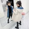 Down Coat 2023 New Girl clothes Winter Long coat Warm Plus Velvet Princess Cotton jacket Kid Outdoor Thick Parka Clothing Hooded OuterwearL231125