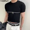 T-shirt da uomo INCERUN Moda T-shirt da uomo Cerniera Tinta unita Set O-Collo Estate Manica corta Abbigliamento da uomo Abbigliamento da strada Casual Crop Top 230425