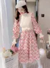 Casual Dresses Corduroy Knitting Vestidos Long Sleeves Floral A-Line Vintage Women Autumn Winter Bow Sweet Robe Femme 2023