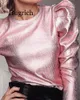 Damen Blusen Shirts Gold Samt Puff Langarm Freizeithemd Damen Frühling O Hals Slim Fit Tops Fashion Streetwear Herbst 230424