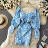 Casual Kleider Blumen gedruckt Vintge Partykleid für Frauen schulterfrei blau elegant schlank Mini Frau Herbst Winter Langarm Robe