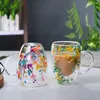 Tasses 1/2 pièces fleurs sèches Double paroi tasse en verre créatif thé tasses à café avec poignées résistant à la chaleur lait café tasse cadeau de noël 231124