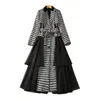 Autumn Black Houndstooth Panelled Sequins Tweed Dress Long Sleeve Notched-Lapel Belted Long Maxi Casual Dresses S3O141011