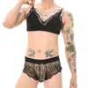 Hommes Sexy Crossdressing Érotique Sissy Lingerie Voir À Travers Maille Dentelle Sous-Vêtements Gay Mâle Soutien-Gorge Top Transparent Boxers Fétiche Douanes