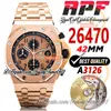 APF 42mm 26470 A3126 Cronógrafo Automático Relógio Masculino Rosa Ouro Champanhe Preto Texturizado Dial RG Pulseira de Aço Inoxidável Super Edição trustytime001Relógios