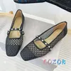 Dress Shoes 2023 Elegant Pink Leather Square Toe Pearl String Bead Front Strap High Heels Mary Jane Women's Mesh Flats Summer