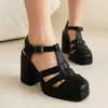 Sandalet Batı Avrupa Moda Kızları T-Strapy Mary Janes Pompalar Yaz Kadın Ayakkabı Hallow Kesim Platformu Tıknaz Yüksek Topuklular