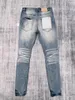 Jeans masculinos marca de moda pintura ponto buracos fino ajuste casual roxo homens