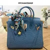 Platinum Tote Ostrich Handbag Early Autumn Linen Blue Pattern Bag Cowhide Handheld Women's One Shoulder Crossbody Large Bag Genuine Leather