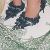 여자 웨딩 연회 핑크 하이힐 샌들 섹시한 크리스탈 보우 노트 주름 꽃잎 발목 스트랩 스틸레토 신발 펌프 샌들