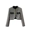 Autumn Gray Striped Panelled Tweed Jacket Long Sleeve Stand Collar Buttons Single-Breasted Jackets Coat Short Outwear Q3O141422