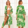 Women's Blouses Women Chiffon Swimsuit Cover Ups Leaves Print Lace-Up Open Front Kimono Cardigan N7YE