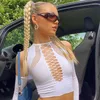 Женские футболки T 2023 зимняя осенняя женщина Short Tees Sexy Hollow Out Thirts Bodycon Crop Tops с длинным рукавом Slim O-образной вечеринкой для женщин