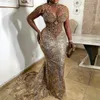 Luxurious Plus Size Aso Ebi Dark Champagne Mermaid Prom Gowns Sheer Neck Evening Birthday Party Second Reception Dresses African Formal Dress Engagement Gown ST271
