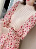 Casual Dresses Corduroy Knitting Vestidos Long Sleeves Floral A-Line Vintage Women Autumn Winter Bow Sweet Robe Femme 2023