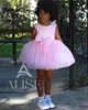 Girl Dresses Pink Short Flower For Wedding Beads Bows Kids Birthday Pageant Gowns Tiered Children Mini Pograpghy