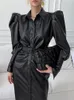 Casual Dresses Women Dress 2023 Spring Korean Clothes Elegantes Para Mujer Luxury Office Lady Puff Sleeve Black Leather Long Vestidos