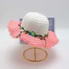 s Girls Beige Flower Wreath Straw Cap Wide Wavy Brim Summer UV Protect Sunscreen Beach Hats 3-8 Years P230424