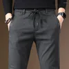 Herrbyxor 2023 Autumn Winter Casual Men Cotton High Quality Designer Zipper Pocket Elegant Blue Long Formal Trousers Man 28-38