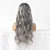 1B/Grey Ombre Lace Front Synthetic For Women 24 Inches Long Wavy Natural Dark Root To Silver Gray Hand Tied Hairline Heat