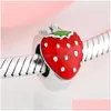 Argento 925 Sterling Sier Big Red Stberry smalto fine distanziatore tappo perline misura originale europeo braccialetto di fascino creazione di gioielli Q0531 Dhbee