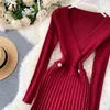 Casual Dresses YuooMuoo Autumn Winter Knit Long Dress Elegant V-neck Slim Waist Pleated Women Female A-line Sweater Office Lady