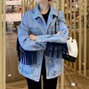 Dames jassen blauw jean voor vrouwen met lange mouwen geborduurde tassel denim tops Koreaanse mode bf losse harajuku streetwear kleding 230424