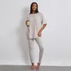 Active Sets Damen 2-teiliges geripptes Yoga-Set mit kurzen Ärmeln, Rundhalsausschnitt, lockeren T-Shirt-Oberteilen und Röhrenhosen, lässige Outdoor-Loungwear-Outfits