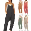 Damen Jumpsuits Strampler ärmelloser Overall Sommer Vintage Solide Große Tasche Lose Breites Bein Lässige All-in-One-Kleidung 230425