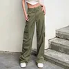 Women's Pants Casual Street Wind Pocket Overalls High Waist Army Green