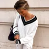 Women's Sweaters American Style College Personalized V-neck Stripe Color Matching Loose And Slimming Woolen Top Spicy Girl Basic Versatile