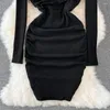 Robes décontractées Chic femmes printemps automne robe noire Style coréen col rond à manches longues couleur unie plis Slim Fit Sexy femme Mini