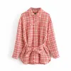 Women's Jackets Autumn Women Fashion Sashes Plaid Tweed Jacket Stylish Chic Red Button-up Coats Girls Outerwear Casual Streetwear