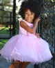 Girl Dresses Pink Short Flower For Wedding Beads Bows Kids Birthday Pageant Gowns Tiered Children Mini Pograpghy