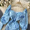 Повседневные платья цветочные спечатки виноградные платье для женщин у женщин у плеча синяя элегантная тонкая мини -женщина осень зимняя одежда с длинным рукавом