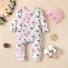 Rompers 0 18 månader född baby flicka romper kläder långärmad blomma bodysuit kostym härlig vår jumpsuit outfit med hatt 231124