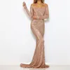 Casual Dresses Navy Sequined Maxi Dress Stretch Slash Neck Champagne Gold Evening Party Off the Shoulder Full Sleeped