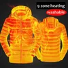 Parkas masculinas para baixo, jaquetas quentes de inverno aquecidas com 9 lugares, jaquetas acolchoadas com aquecimento USB, termostato inteligente, cor pura, roupas aquecidas com capuz, à prova d'água 231124