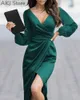 Casual Dresses Women Solid Color Elegant Puff Sleeve Ruched High Slit Satin Wrap Maxi Dress Party